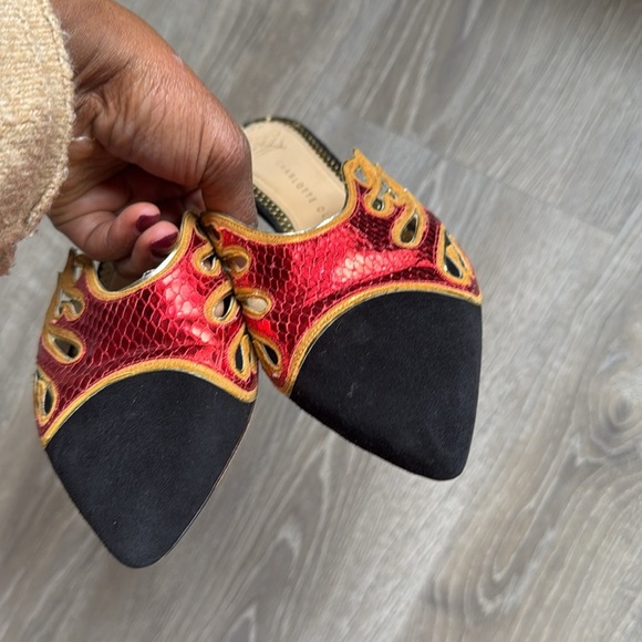 CHARLOTTE OLYMPIA Black Suede And Red Snake-printed Leather mules Size 37/7 - Picture 3 of 11